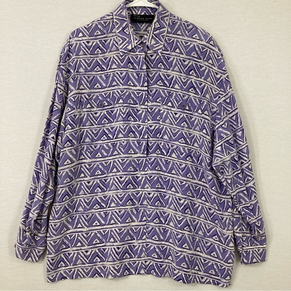 August Silk x Diane Gilman Purple White Chevron 100% Silk Button Down Large - Picture 1 of 8